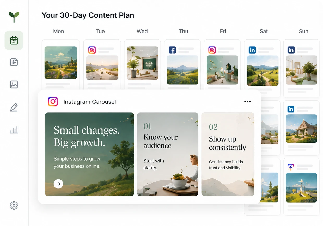 A month of Approved posts on the calendar, with a carousel open