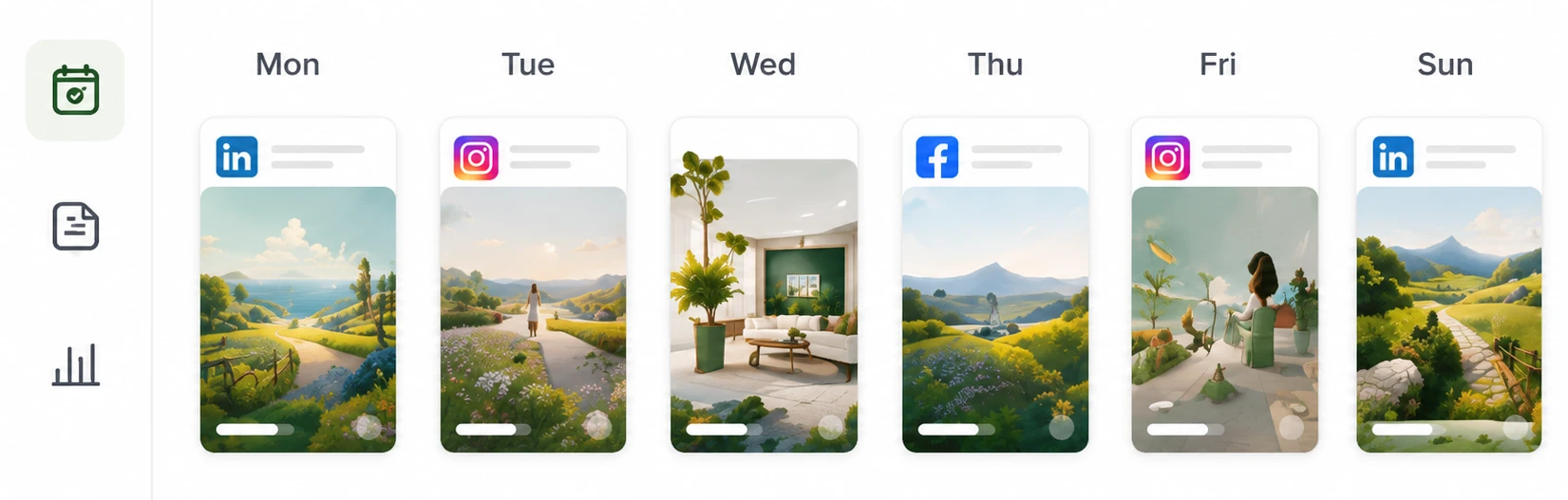 A week of scheduled posts, each marked with the platform it goes to